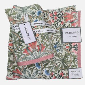 4 Pc William Morris Woodland Leaves Velour Bath Hand Towel Set Green Coral Blue